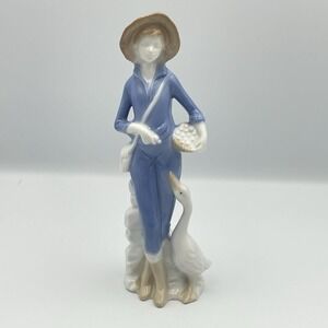 Vintage Brinn's Japan Figurine Boy With Goose Blue White Glaze Porcelain 8"